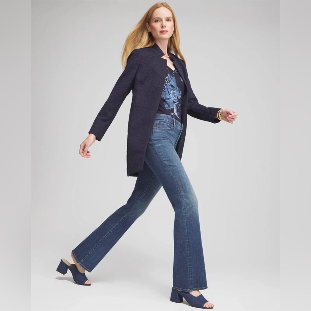 Brand New! Chicos Floral Jacquard Knit Topper jacket navy size L